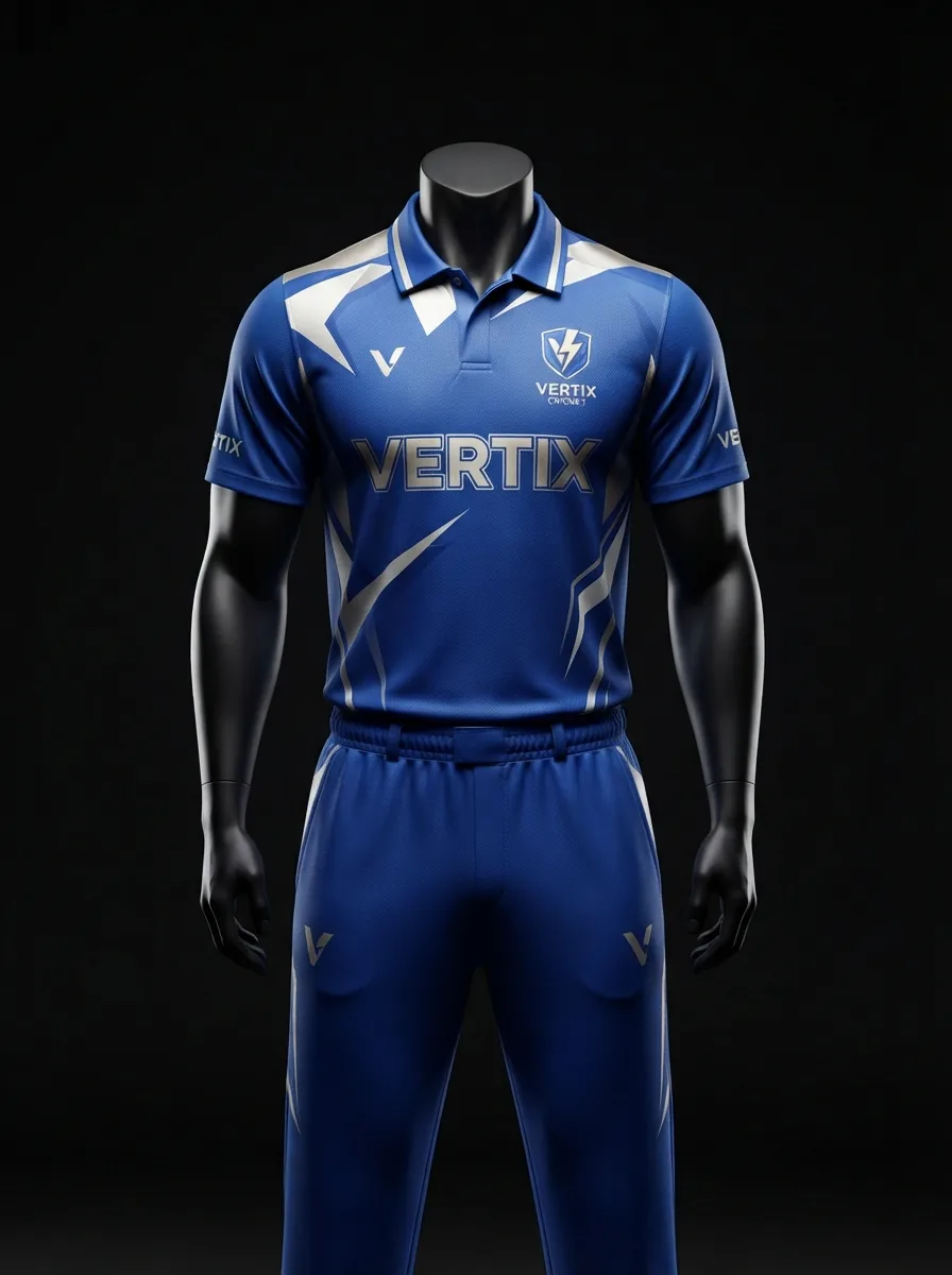 Royal Blue Arrow custom cricket uniform on a mannequin