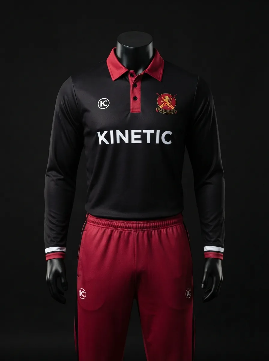 Black and Red Longsleeve custom cricket uniform on a mannequin