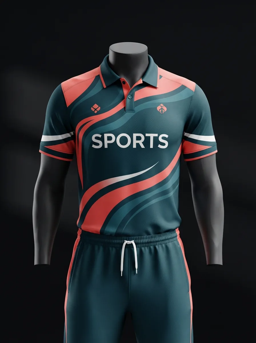 Teal Coral Sweep custom cricket uniform on a mannequin