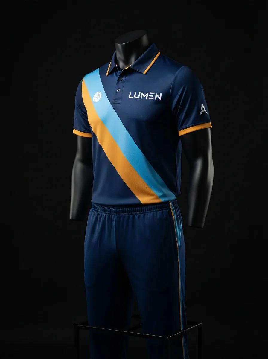 Navy Sash custom cricket uniform on a mannequin