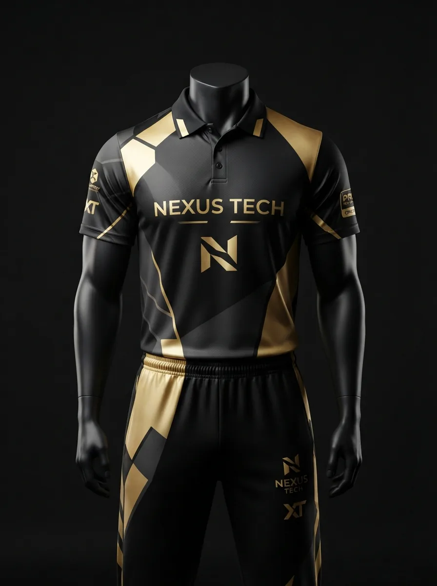 Black and Gold Prime custom cricket uniform on a mannequin