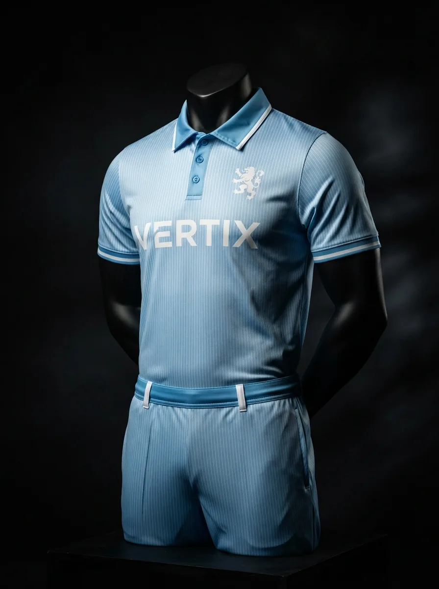 Powder Blue custom cricket uniform on a mannequin