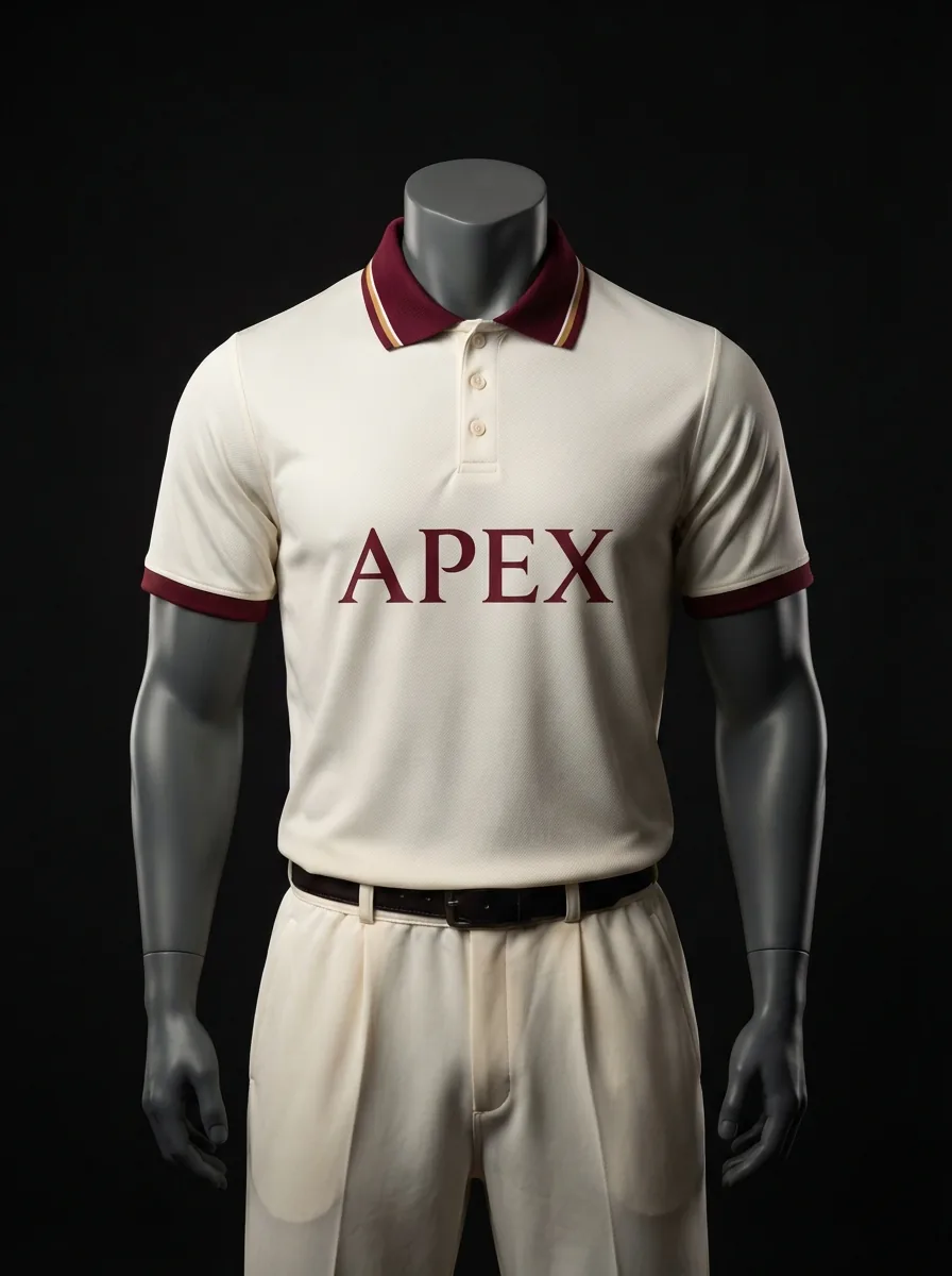 Cream and Maroon Whites custom cricket uniform on a mannequin