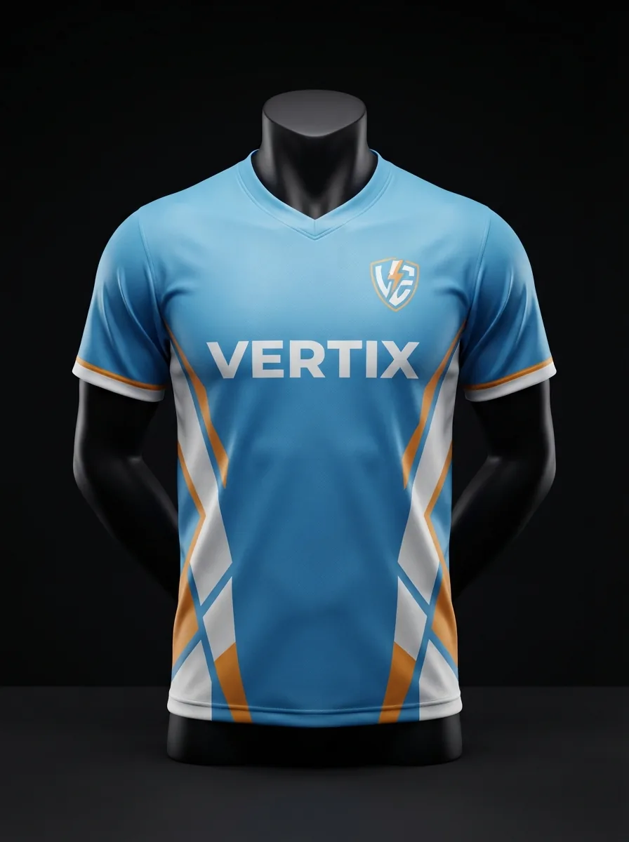 Sky and Orange custom esports jersey on a mannequin