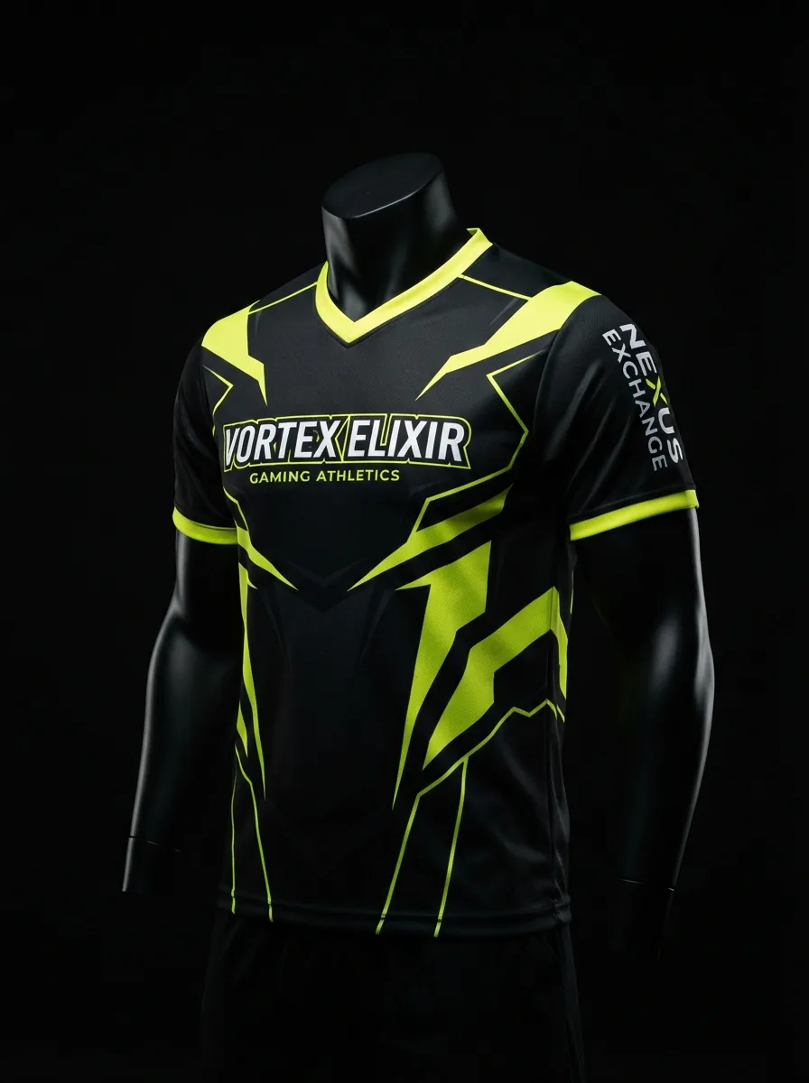 Black and Lime Bolt custom esports jersey on a mannequin