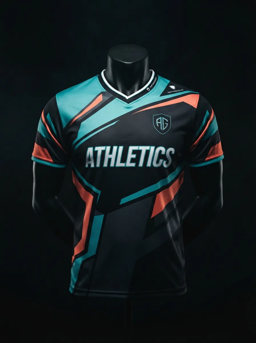 Teal and Coral Shard custom esports jersey on a mannequin
