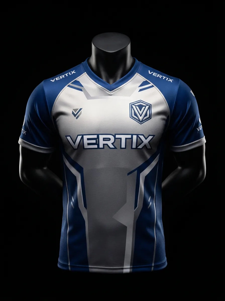 Navy and White Arrow custom esports jersey on a mannequin