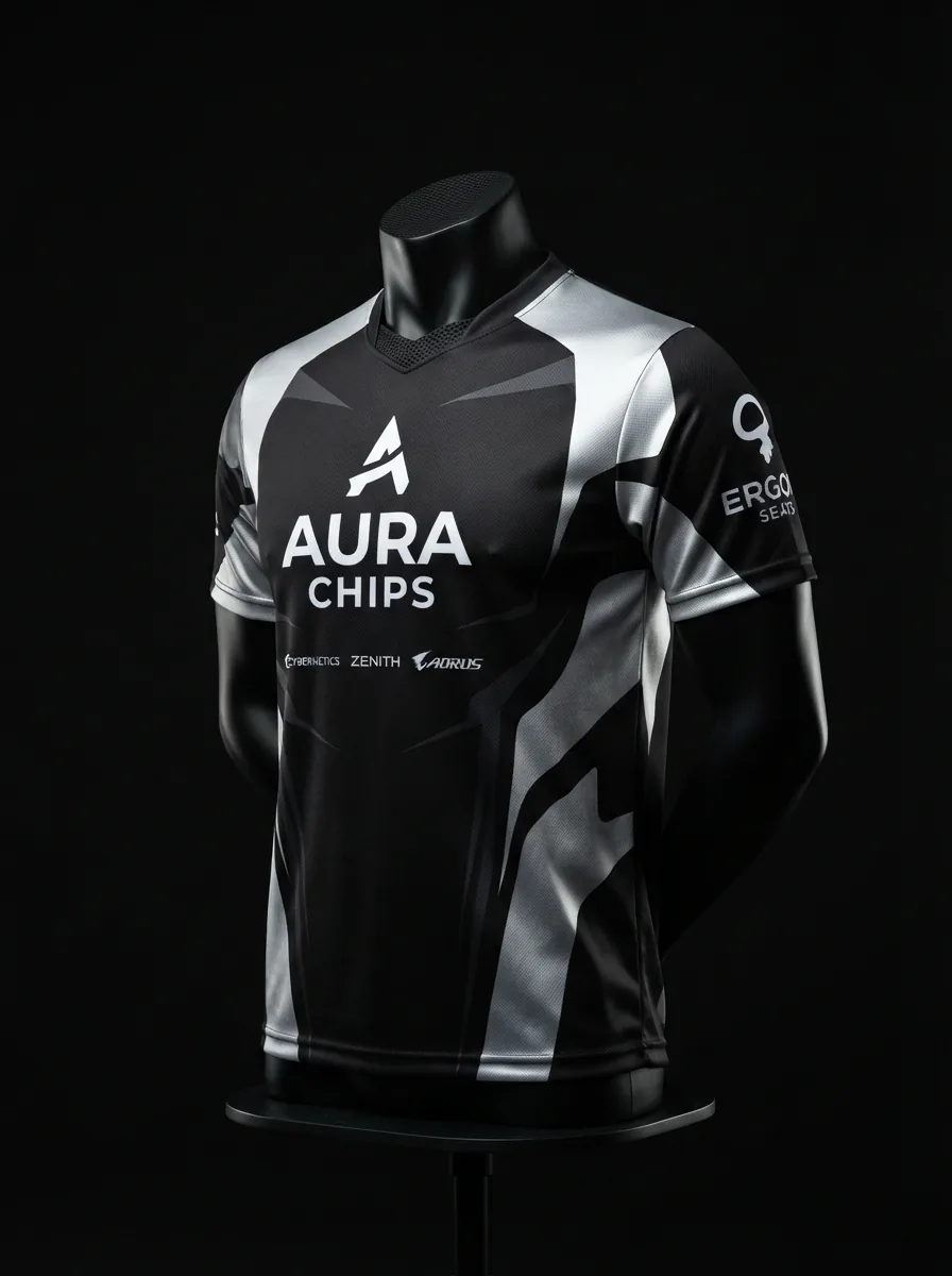 Monochrome Aura custom esports jersey on a mannequin