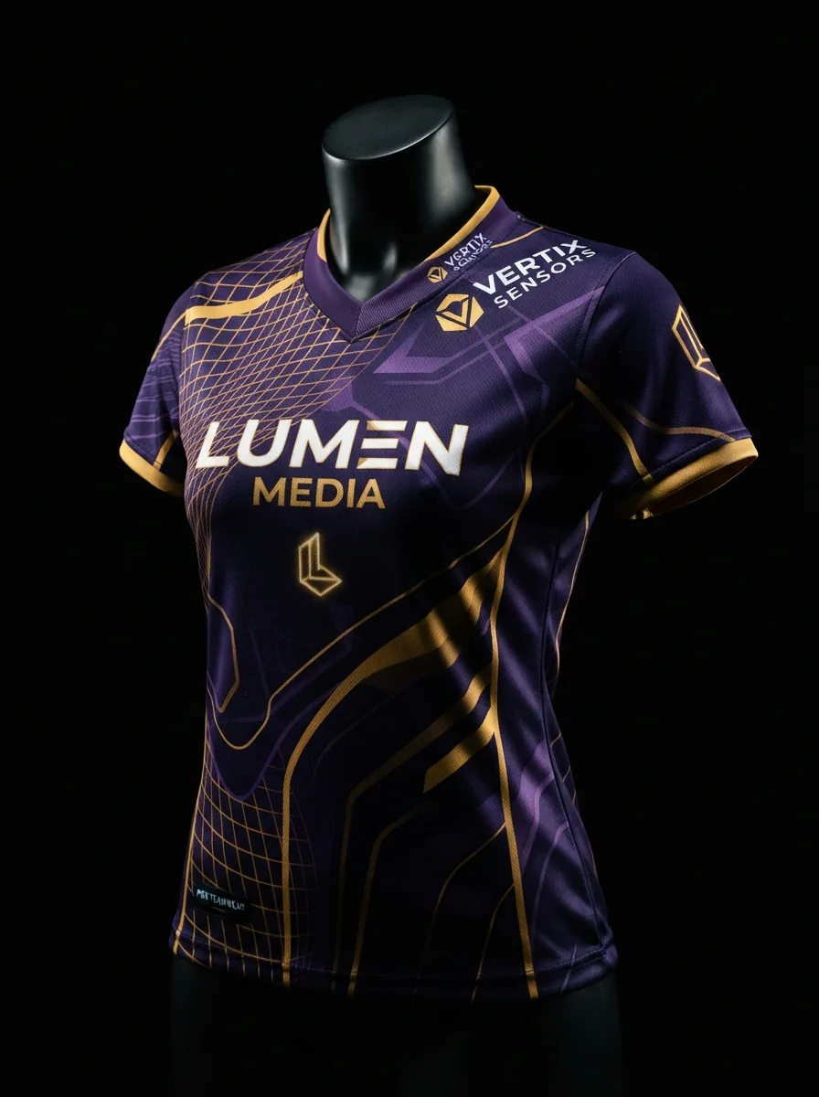 Purple and Gold Grid custom esports jersey on a mannequin