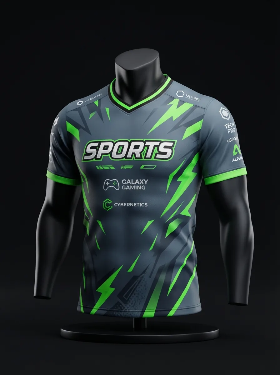 Grey and Green Bolt custom esports jersey on a mannequin
