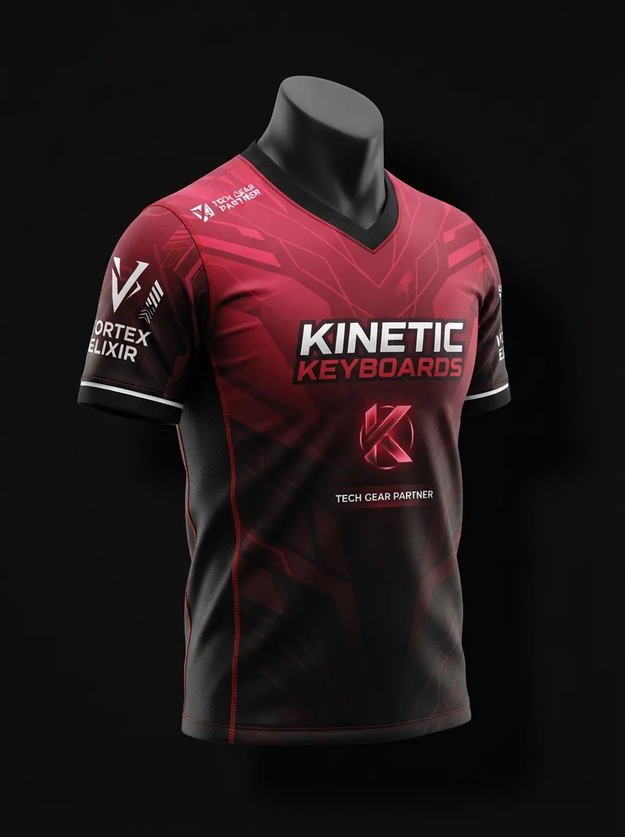 Crimson Fade custom esports jersey on a mannequin