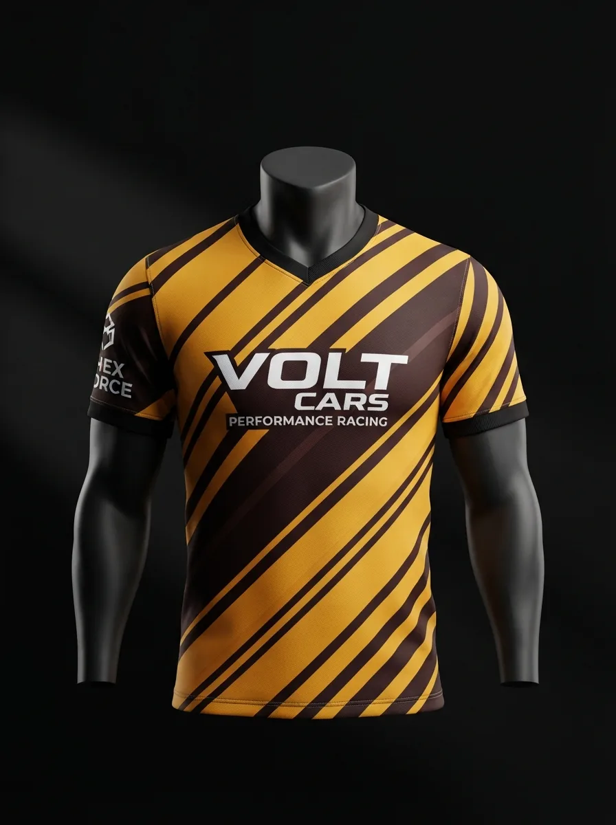 Gold Stripe custom esports jersey on a mannequin