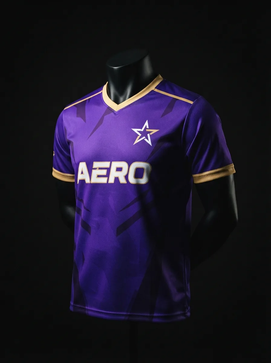 Violet and Gold custom esports jersey on a mannequin
