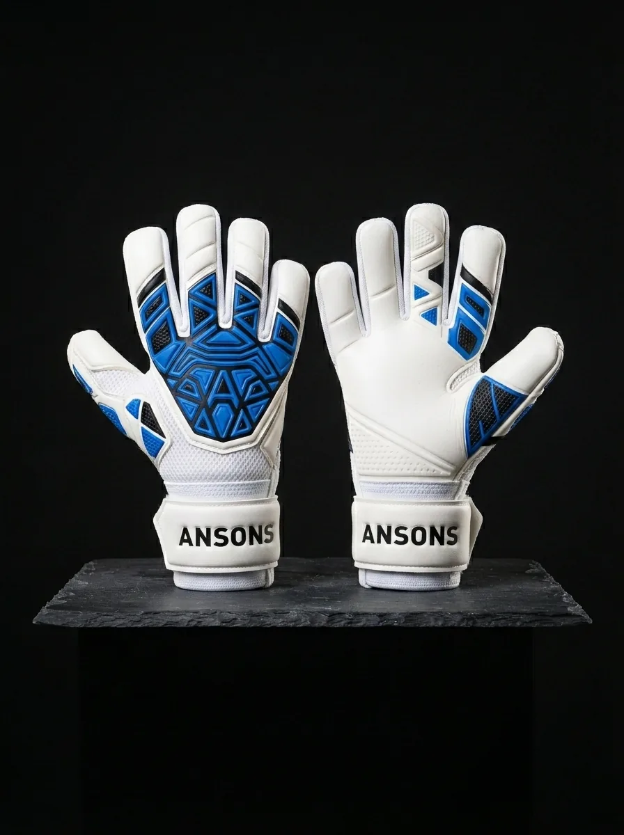 White and Blue Keeper custom sports gloves product shot