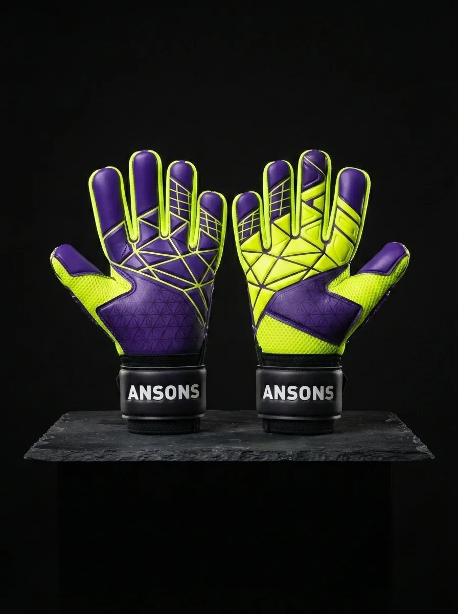 Purple and Volt Keeper custom sports gloves product shot