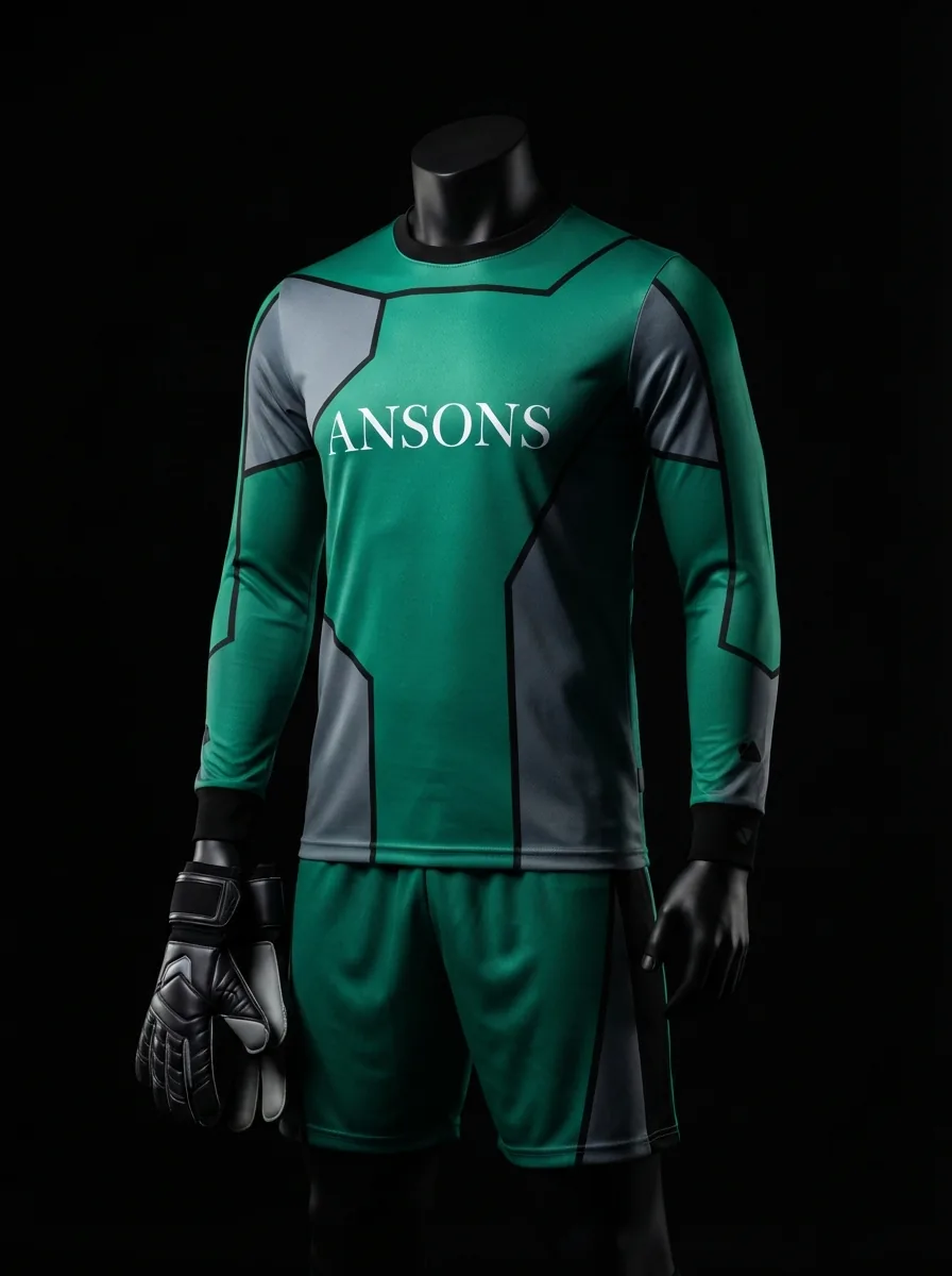 Emerald Shield custom goalkeeper kit on a mannequin