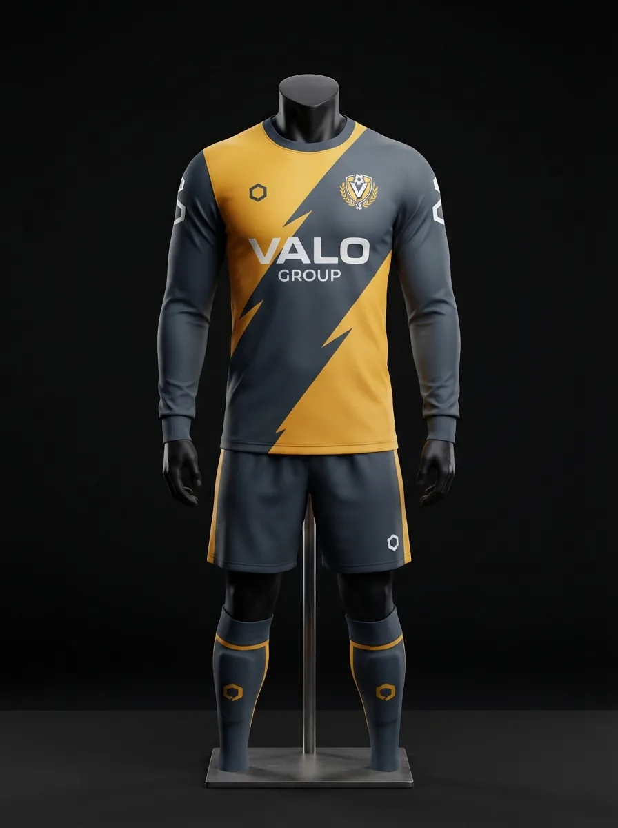 Charcoal and Amber custom goalkeeper kit on a mannequin