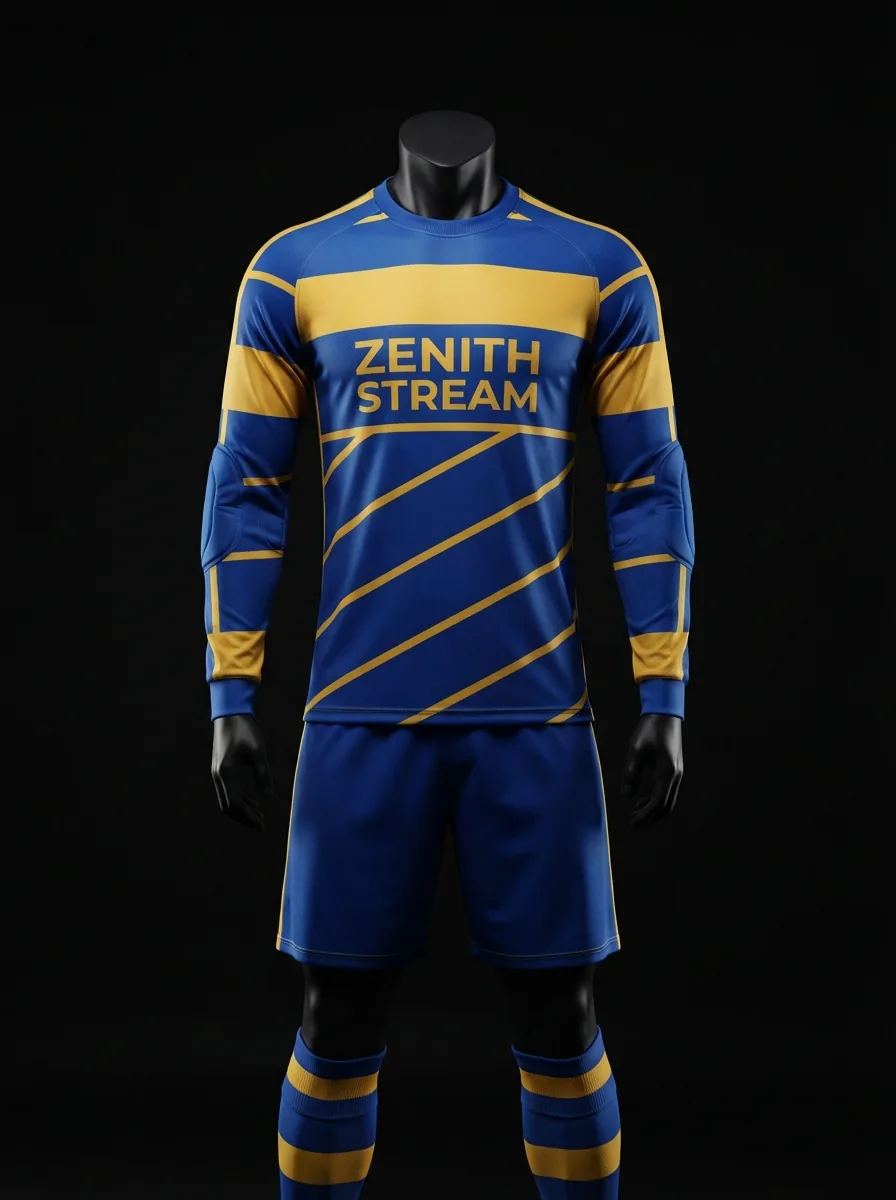 Blue and Gold Streak custom goalkeeper kit on a mannequin