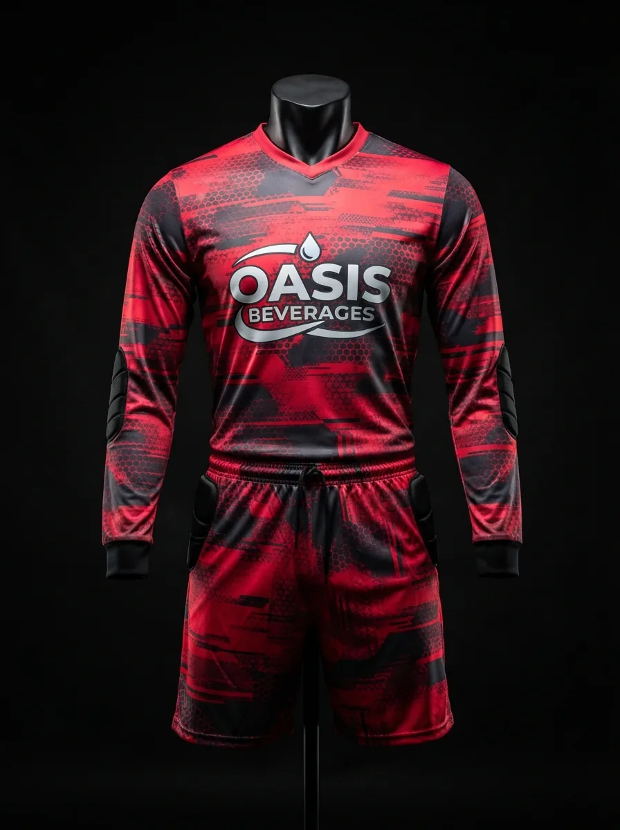 Crimson Blaze custom goalkeeper kit on a mannequin