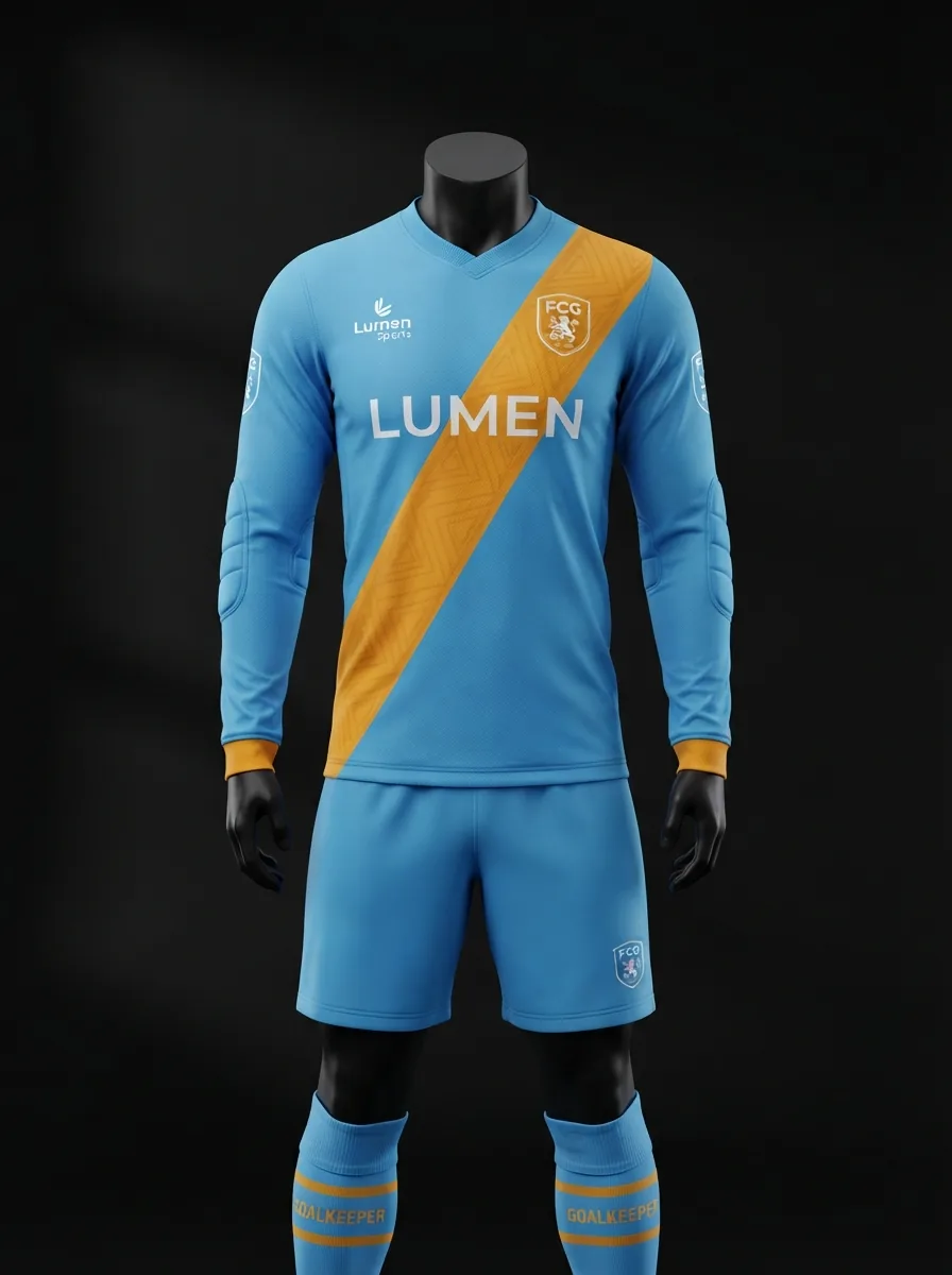 Sky and Amber Sash custom goalkeeper kit on a mannequin