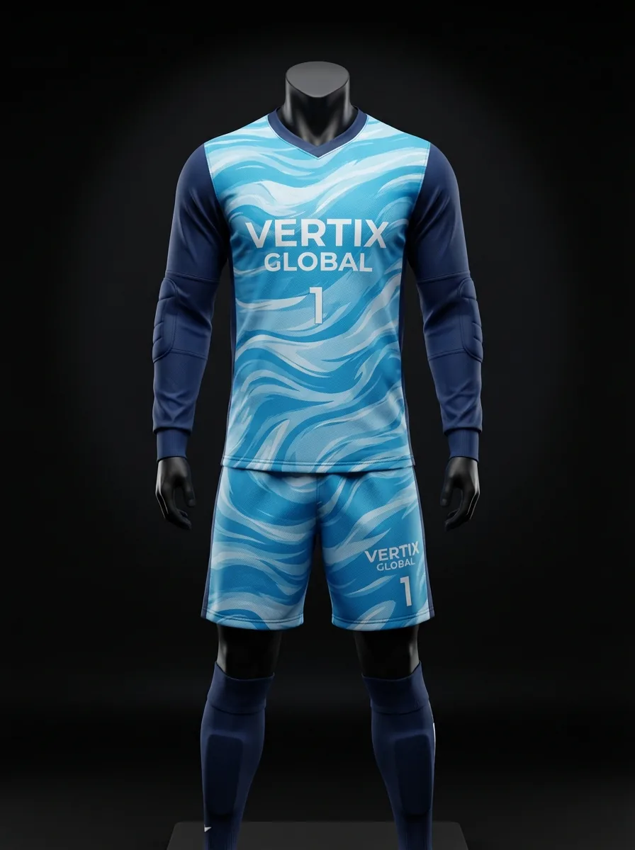 Ice Blue Wave custom goalkeeper kit on a mannequin