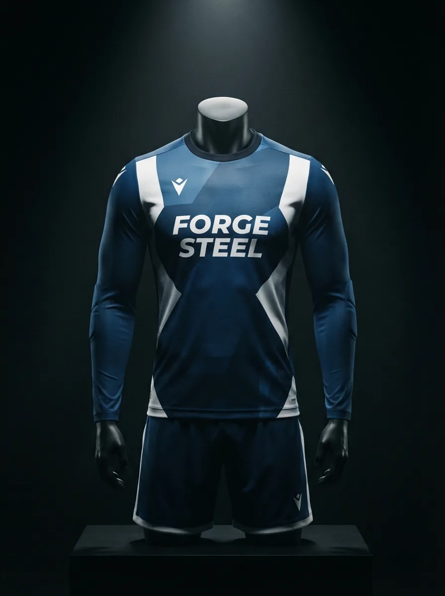 Navy Steel custom goalkeeper kit on a mannequin