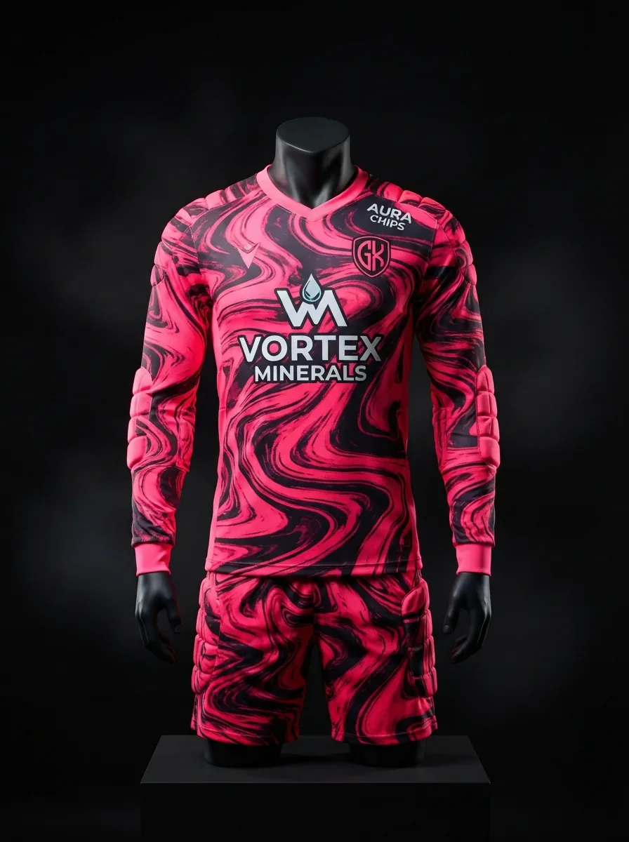 Magenta Marble custom goalkeeper kit on a mannequin