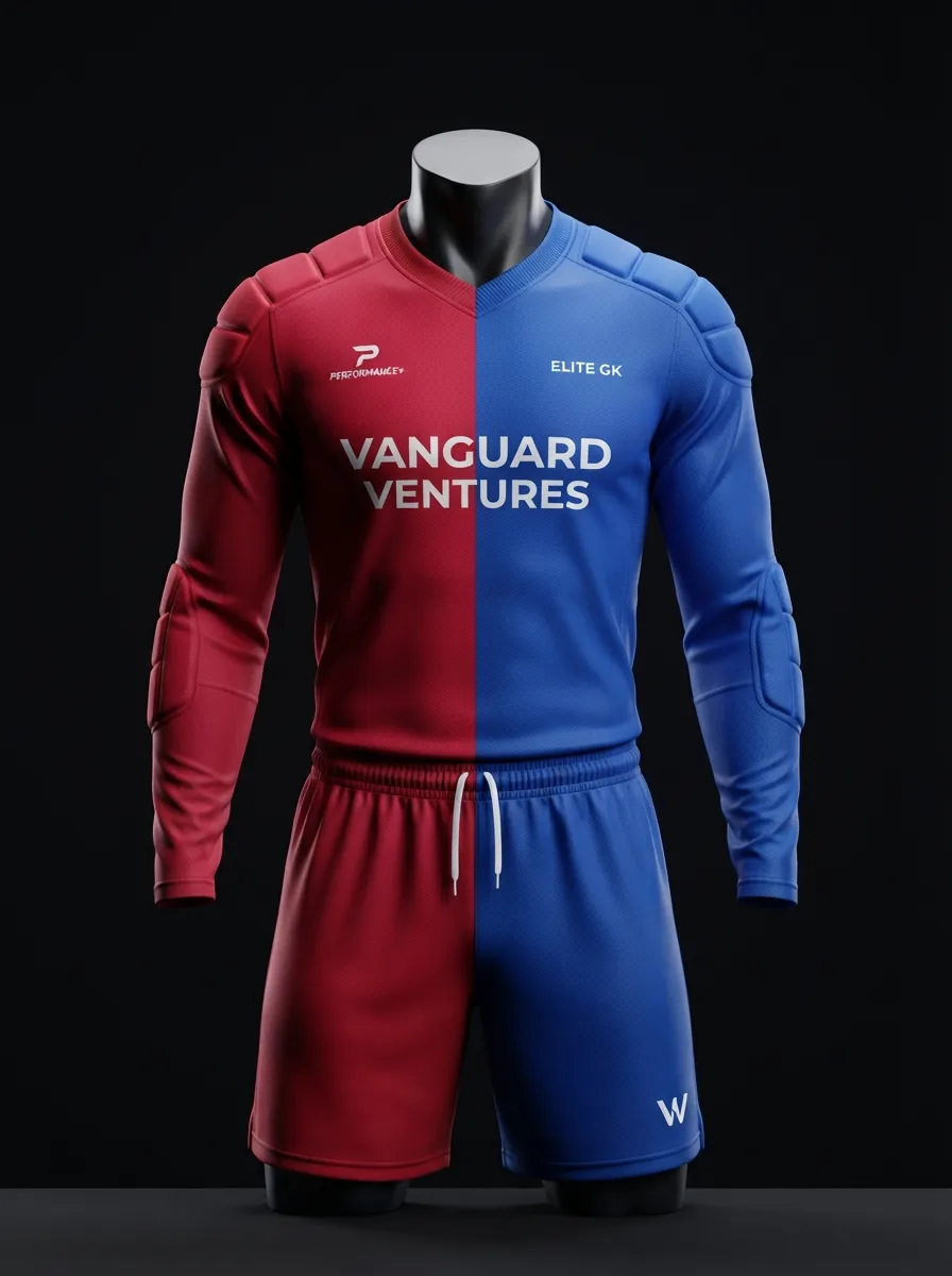 Split Red and Blue custom goalkeeper kit on a mannequin