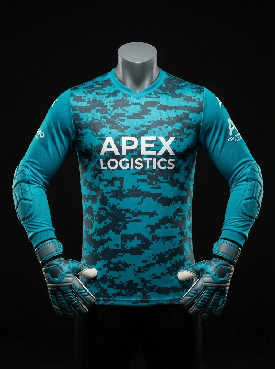 Teal Digital Camo custom goalkeeper kit on a mannequin