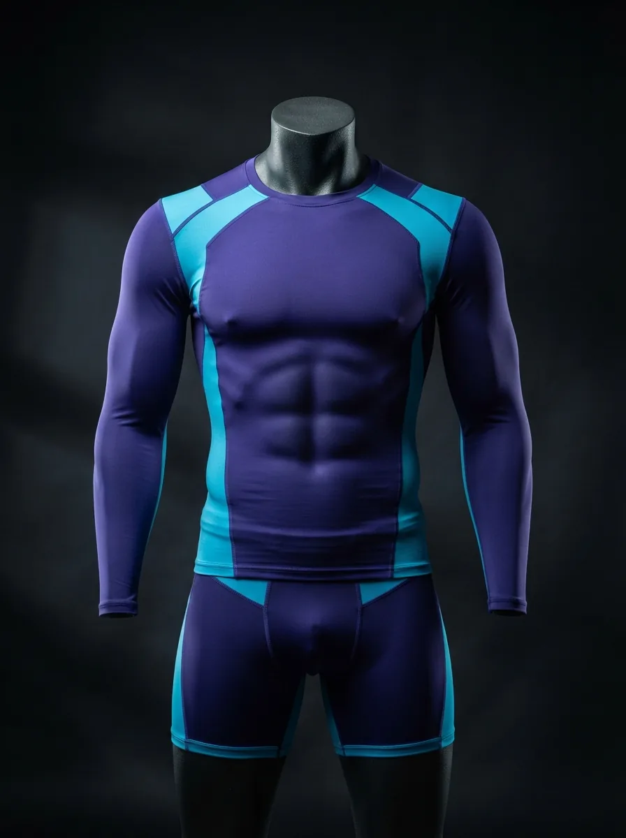 Purple and Cyan Compression custom gym and training apparel on a mannequin