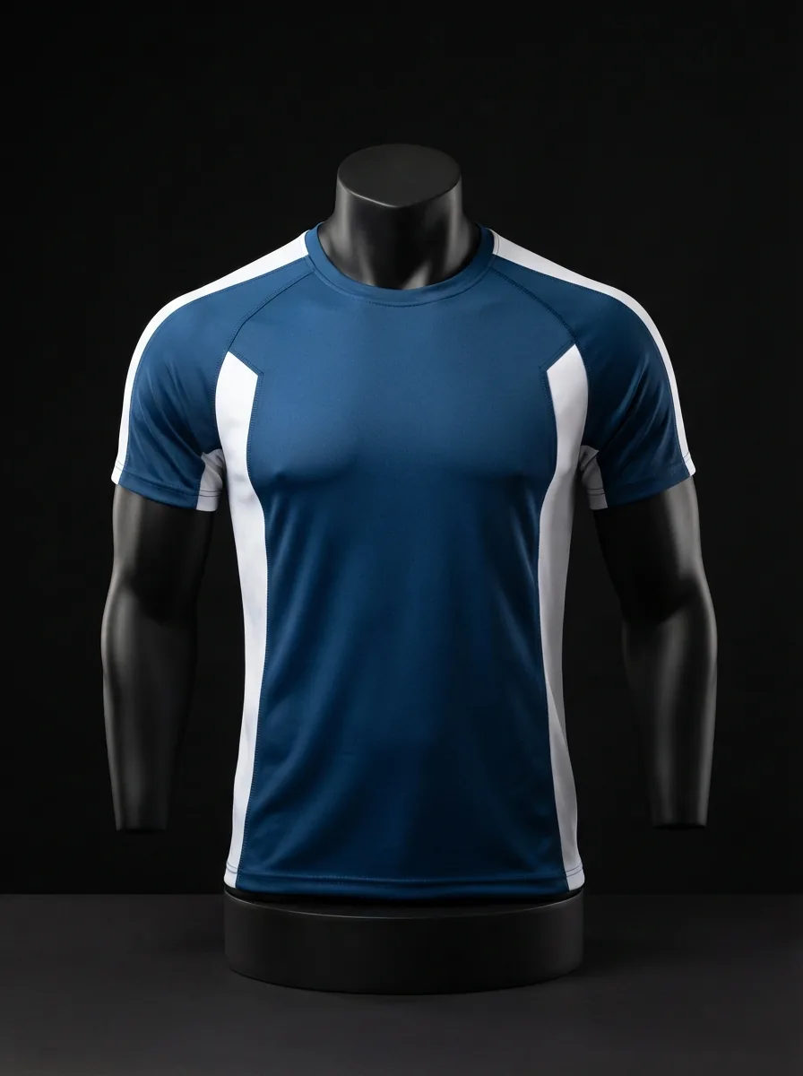 Blue Panel Tee custom gym and training apparel on a mannequin