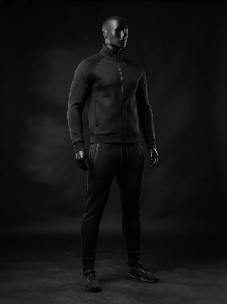 Black Tech Tracksuit custom gym and training apparel on a mannequin