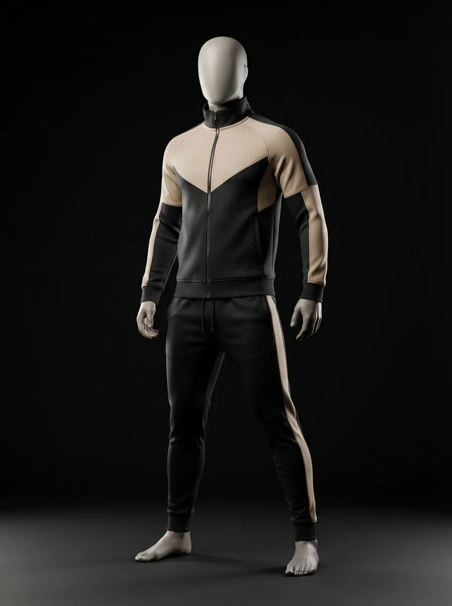 Black and Sand Tracksuit custom gym and training apparel on a mannequin
