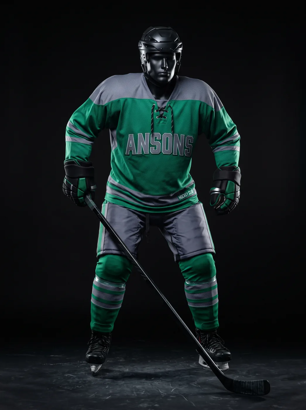 Emerald Ansons custom ice hockey uniform on a mannequin
