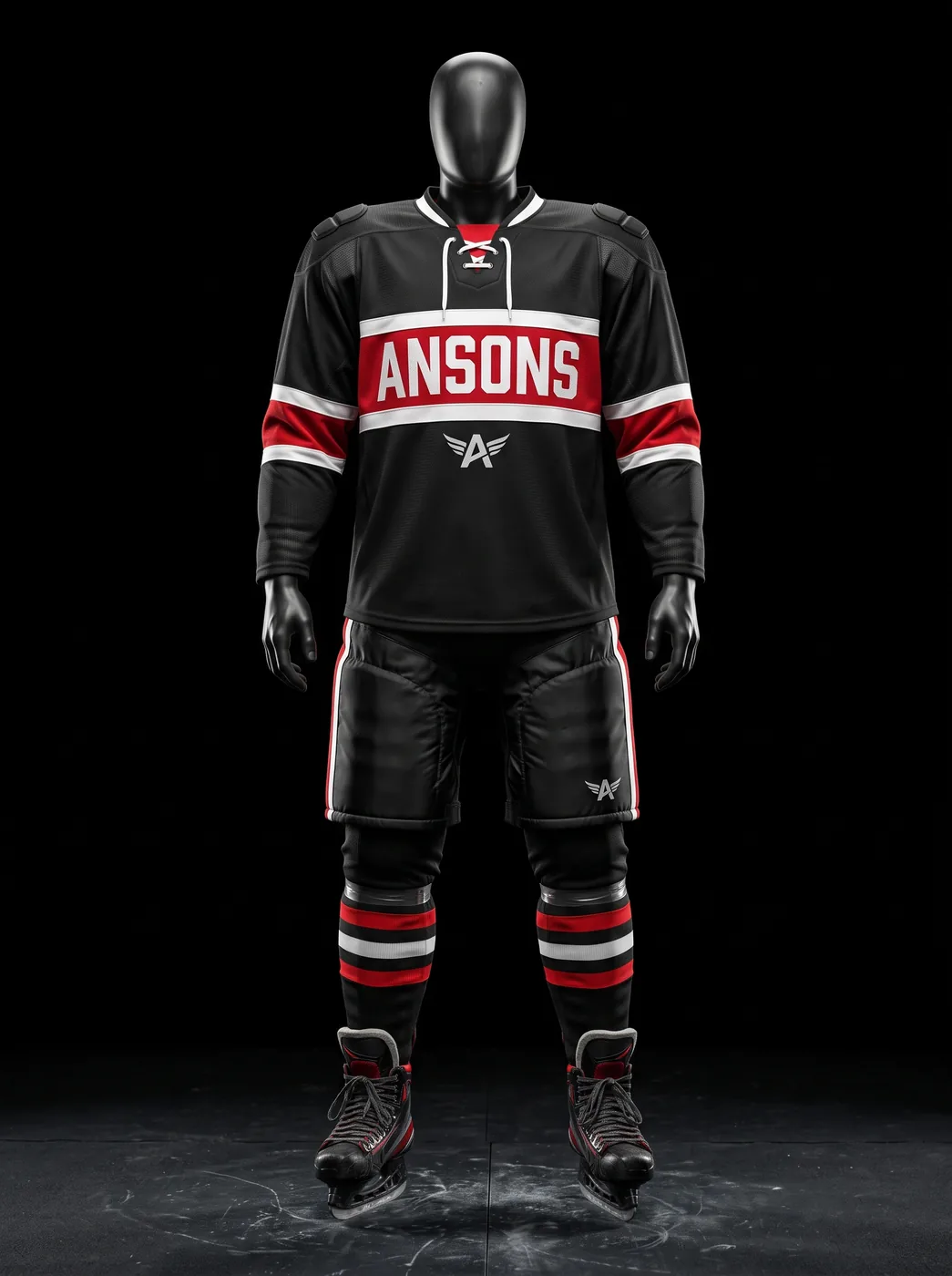 Red Bar custom ice hockey uniform on a mannequin