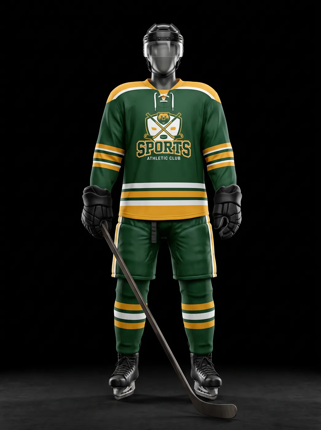 Forest Gold custom ice hockey uniform on a mannequin
