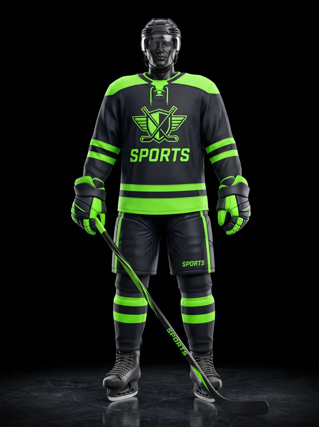 Neon Shield custom ice hockey uniform on a mannequin