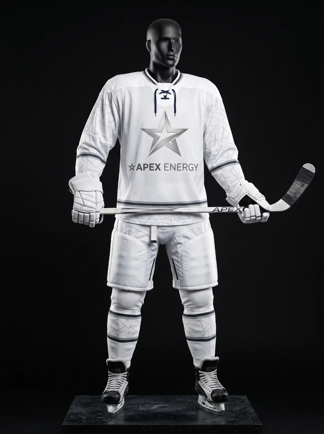 Apex White custom ice hockey uniform on a mannequin