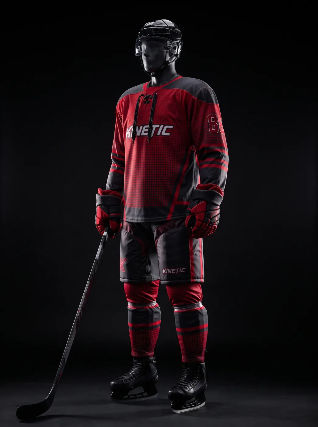 Kinetic Red custom ice hockey uniform on a mannequin
