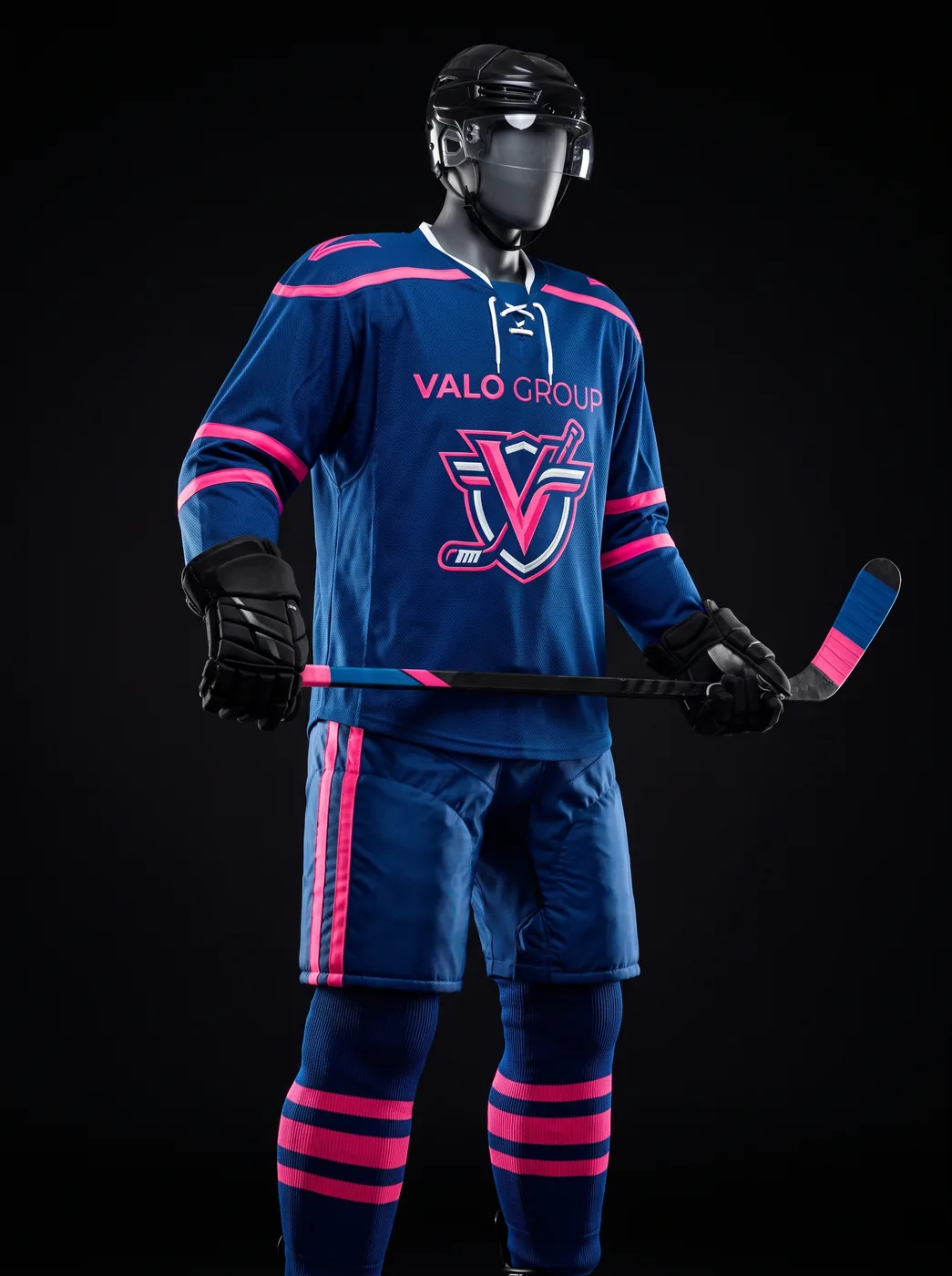 Valo Pink custom ice hockey uniform on a mannequin