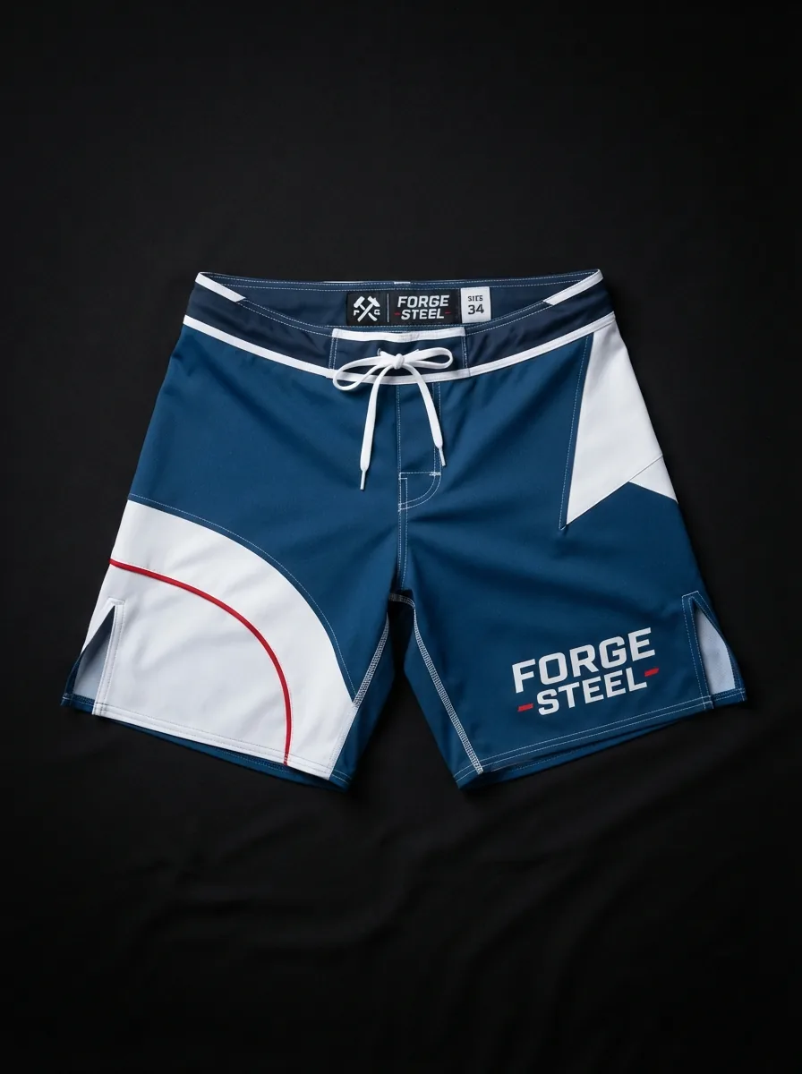 Blue and White Board Shorts custom MMA fightwear product shot