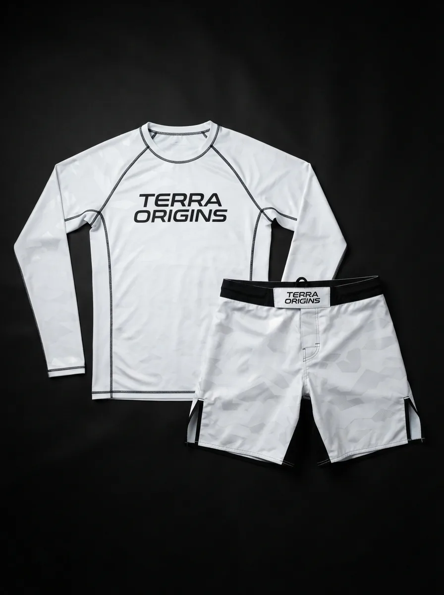 White Terra Set custom MMA fightwear product shot