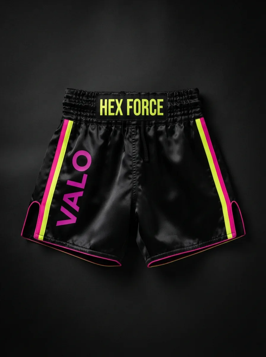 Black and Neon Trim custom Muay Thai shorts product shot