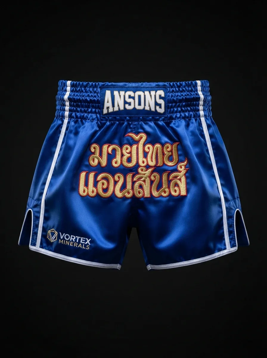 Blue and White Script custom Muay Thai shorts product shot