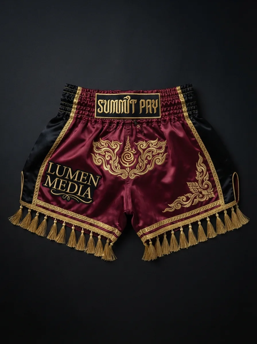 Maroon and Gold Fringe custom Muay Thai shorts product shot