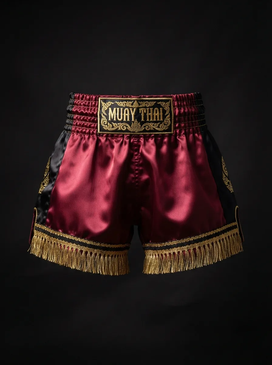 Crimson Gold Fringe custom Muay Thai shorts product shot