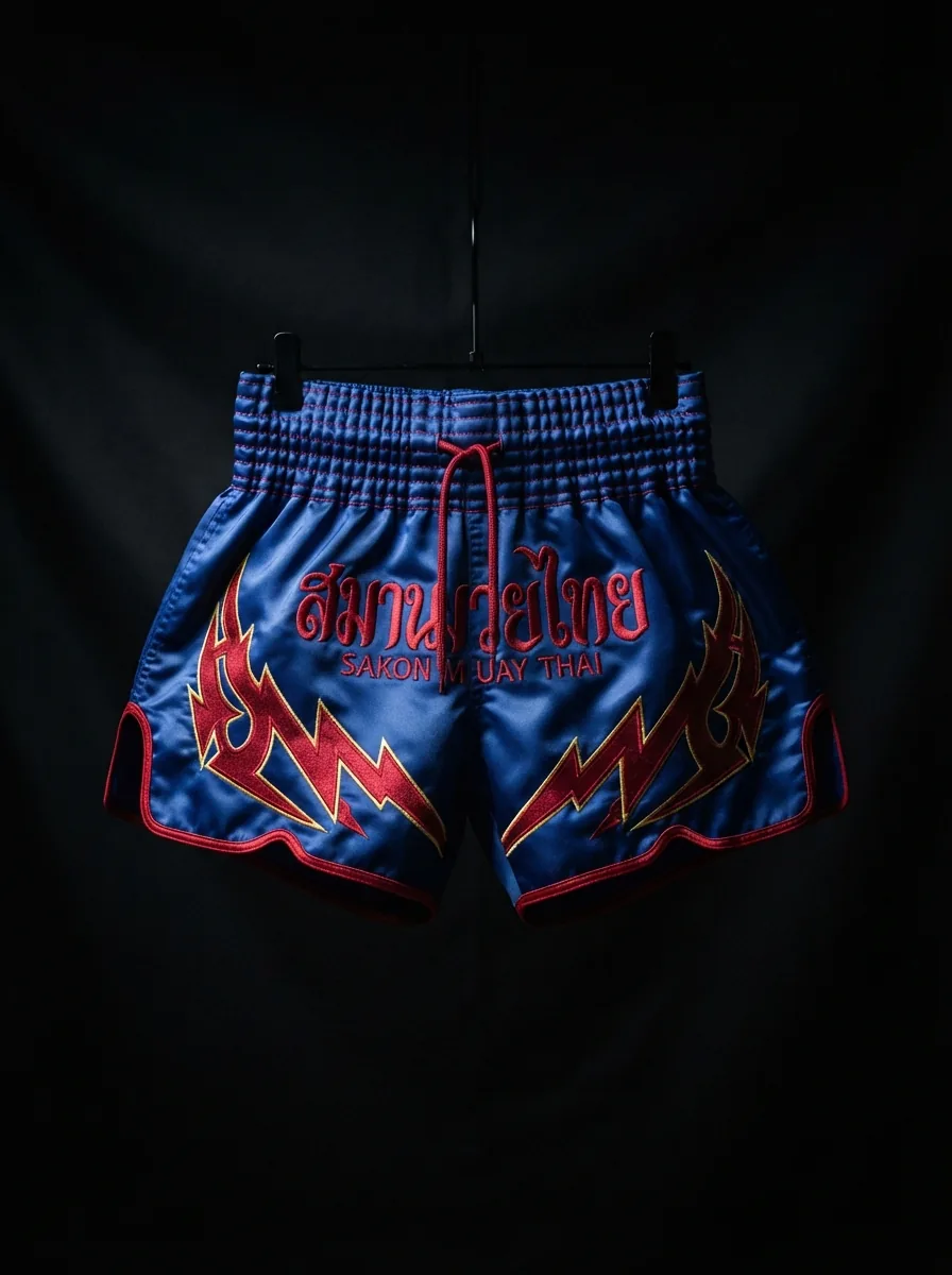 Blue Flame custom Muay Thai shorts product shot