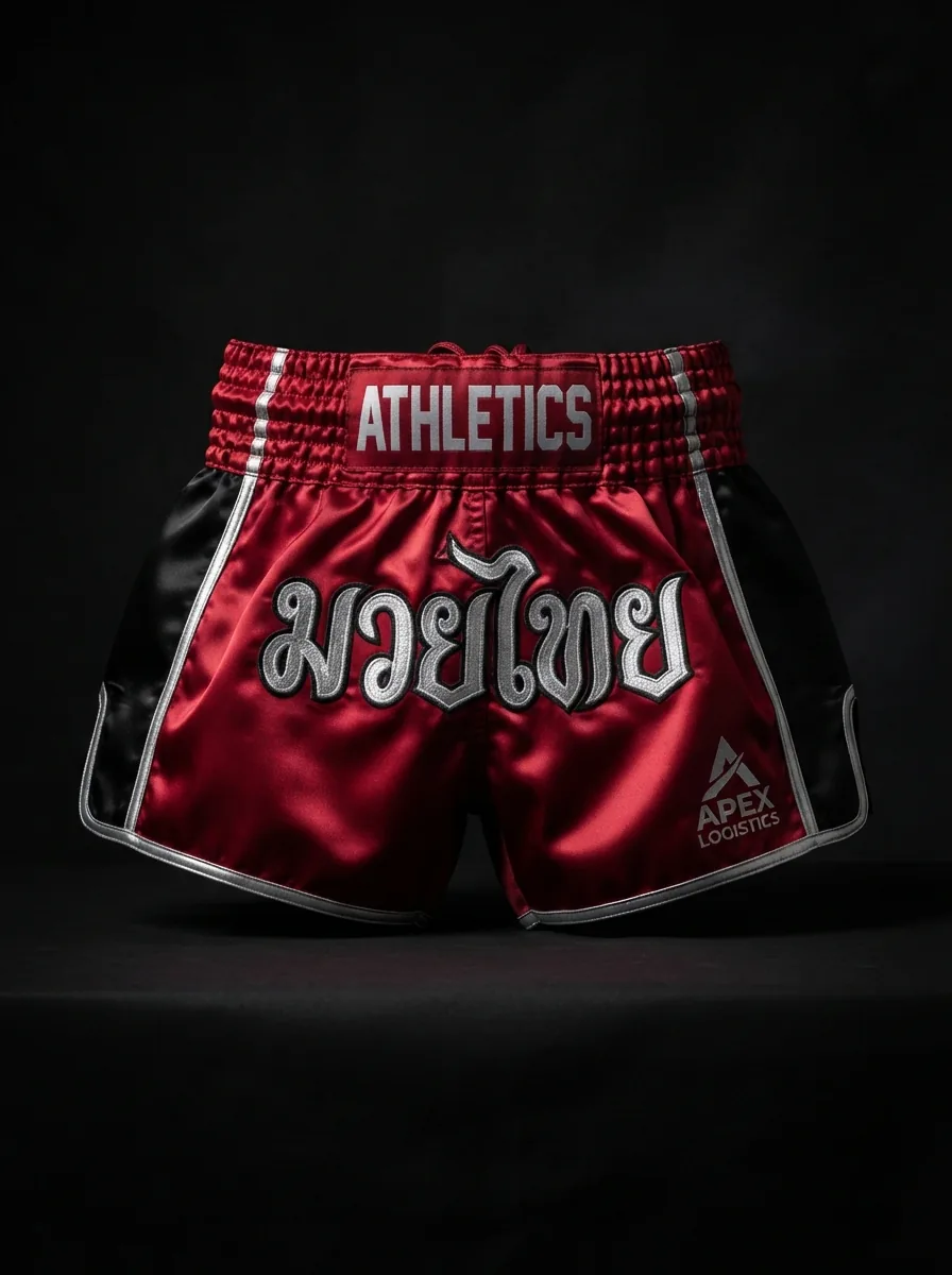 Red and Black Athletics custom Muay Thai shorts product shot