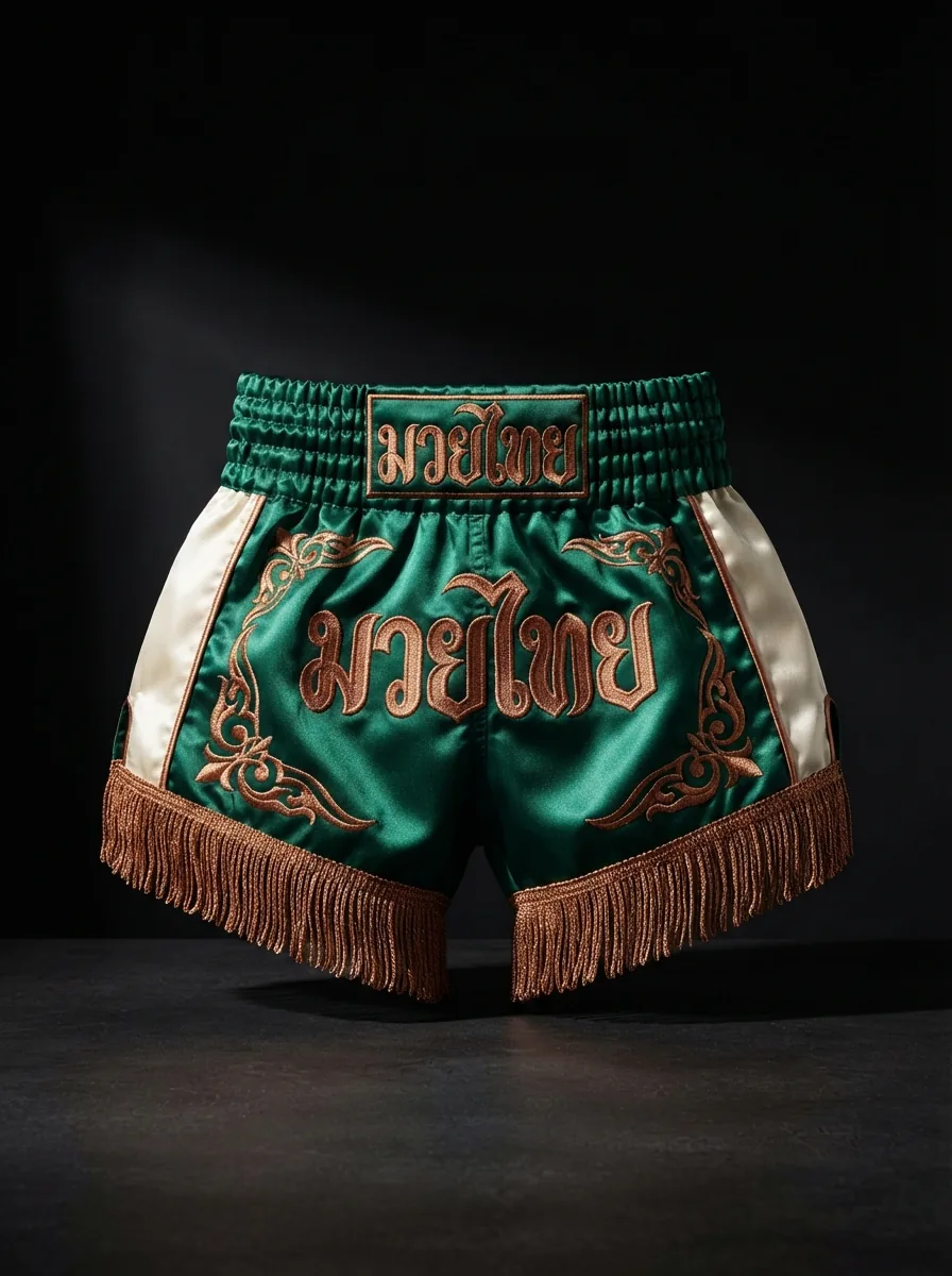 Emerald Gold Fringe custom Muay Thai shorts product shot