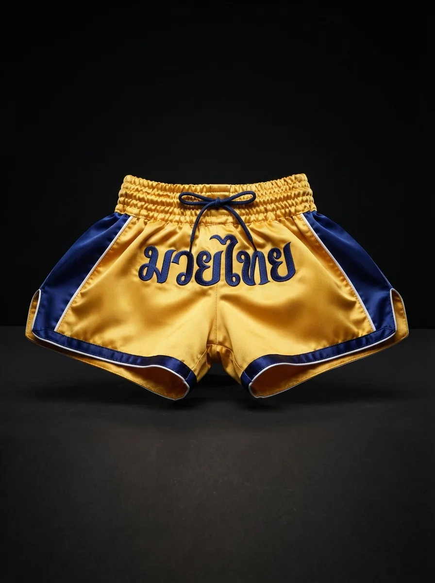Amber and Navy custom Muay Thai shorts product shot